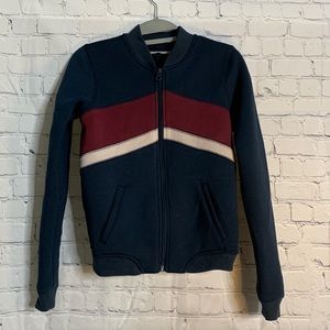 Navy blue, burgundy, and light pink jacket